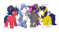 Size: 3792x2093 | Tagged: safe, artist:rivin177, imported from derpibooru, oc, oc:bitwise operator, oc:seigwestwood, oc:snow pup, oc:sweet scribe, bat pony, pegasus, pony, unicorn, choker, clothes, glasses, golf, gun, horns, jewelry, necklace, patreon, reward, simple background, socks, sports, standing, weapon, white background, wings