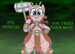 Size: 2048x1492 | Tagged: safe, artist:legendoflink, imported from derpibooru, pinkie pie, earth pony, pony, bipedal, clothes, cosplay, costume, female, grin, hammer, hoof hold, looking at you, low angle, mare, mortal kombat, pinktober, shao kahn, smiling, smiling at you, solo, talking to viewer, text, war hammer, weapon