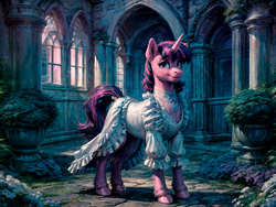 Size: 4096x3072 | Tagged: safe, imported from derpibooru, twilight sparkle, pony, unicorn, ai content, ai generated, butt, castle, clothes, dress, ear fluff, female, flower, fluffy, fur, garden, hooves, horn, lips, looking at you, mare, night, outdoors, prompter:kalmar, purple eyes, purple skin, smiling, smiling at you, solo, standing, tail, unicorn twilight, victorian dress, white dress