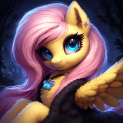 Size: 1024x1024 | Tagged: safe, imported from ponybooru, fluttershy, pegasus, pony, ai content, ai generated, beautiful, bing, cheek fluff, chest fluff, clothes, ear fluff, ears, eyeshadow, female, fluffy, jewelry, leg fluff, looking at you, makeup, mare, night, sapphire, solo, wing fluff