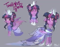 Size: 2048x1623 | Tagged: safe, artist:petaltwinkle, imported from derpibooru, twilight sparkle, alicorn, pony, the last problem, alternate hairstyle, blushing, clothes, coronation dress, crown, cute, dress, ear piercing, earring, female, floppy ears, gray background, grin, hair bun, jewelry, mare, name, piercing, regalia, second coronation dress, signature, simple background, smiling, solo, spread wings, twiabetes, twilight sparkle (alicorn), wings