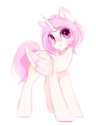 Size: 788x1034 | Tagged: safe, artist:melodylibris, imported from derpibooru, princess celestia, alicorn, pony, alternate hairstyle, blushing, ear blush, female, looking at you, mare, pink-mane celestia, short mane, simple background, solo, white background, young celestia