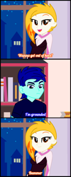 Size: 736x1839 | Tagged: safe, artist:robertsonskywa1, imported from derpibooru, oc, oc:starshadow skystalker, equestria girls, bookshelf, clothes, cosplay, costume, female, flare (g5), flareshadow, g5, male, marvel, night, photo, room, scenery, shipping, shipping fuel, shirt, spider-gwen, spider-man, spider-man: across the spider-verse, t-shirt, window