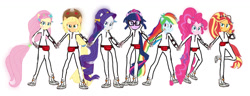 Size: 1440x551 | Tagged: safe, artist:schwarzejack25, edit, editor:schwarzejack25, imported from derpibooru, applejack, fluttershy, pinkie pie, rainbow dash, rarity, sci-twi, sunset shimmer, twilight sparkle, human, equestria girls, equestria girls series, spring breakdown, spoiler:eqg series (season 2), applejack's hat, clothes, clothes swap, controller, cosplay, costume, cowboy hat, fanny pack, hat, headband, jewelry, jumpsuit, ponied up, pony ears, power glove, regalia, regular show, shoes, simple background, spiked headband, sports shoes, super ponied up, tiara, white background