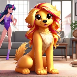 Size: 1024x1024 | Tagged: safe, imported from derpibooru, sunset shimmer, twilight sparkle, dog, human, ai content, ai generated, clothes, dogified, duo, female, horn, horned humanization, humanized, leotard, looking at you, solo focus, species swap, tongue out, wrong eye color