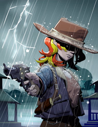 Size: 2362x3071 | Tagged: safe, artist:castle bravo, imported from derpibooru, sunset shimmer, human, equestria girls, cowboy hat, frown, gun, handgun, hat, knife, lightning, rain, revolver, stetson, storm, weapon, wild west