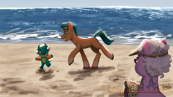 Size: 2560x1440 | Tagged: safe, artist:mythicalartist_, imported from derpibooru, hitch trailblazer, dragon, earth pony, pony, baby, baby dragon, beach, female, g5, grandma figgy, grin, male, mare, one eye closed, open mouth, open smile, papa hitch, running, smiling, sparky sparkeroni, stallion, trio, visor cap, water wings