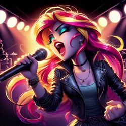 Size: 1024x1024 | Tagged: safe, derpibooru exclusive, imported from derpibooru, sunset shimmer, human, equestria girls, ai content, ai generated, clothes, generator:dall-e 3, human coloration, jacket, leather, leather jacket, microphone, prompter:siber, singing, solo, spotlight