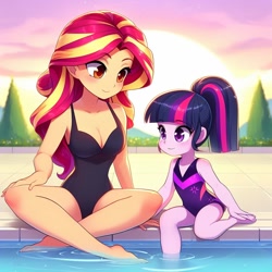 Size: 1024x1024 | Tagged: safe, imported from derpibooru, sunset shimmer, twilight sparkle, human, equestria girls, ai content, ai generated, child, clothes, duo, duo female, female, leotard, mother and child, mother and daughter, one-piece swimsuit, swimming pool, swimsuit, wrong eye color, younger
