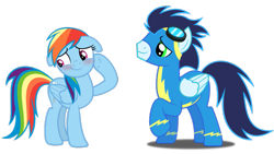 Size: 1281x720 | Tagged: safe, imported from derpibooru, rainbow dash, soarin', pegasus, pony, blushing, clothes, female, male, mare, ship:soarindash, shipping, simple background, stallion, straight, transparent background, uniform, vector, wonderbolts uniform