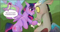 Size: 2888x1543 | Tagged: safe, alternate version, artist:daffolyn, editor:zcord, imported from derpibooru, part of a set, discord, twilight sparkle, alicorn, draconequus, pony, comic:discordant intentions, comic:discordant intentions (version 1), comic:discordant intentions (version 2), the ending of the end, beard, blushing, commission, commissioner:zcord, facial hair, female, hair pulling, male, outdoors, scared, ship:discolight, shipping, shocked, shocked expression, straight, tsundere, twilight sparkle (alicorn)