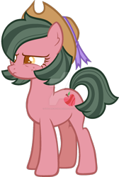 Size: 1024x1524 | Tagged: safe, artist:stellarcastiel, imported from derpibooru, oc, oc only, oc:apple jasper, earth pony, pony, base used, colored pupils, deviantart watermark, female, freckles, hat, mare, obtrusive watermark, offspring, parent:big macintosh, parent:marble pie, parents:marblemac, simple background, solo, transparent background, watermark