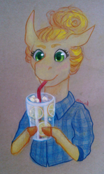 Size: 1220x2052 | Tagged: safe, artist:maniak-pl, imported from derpibooru, oc, oc only, earth pony, pony, clothes, cup, drink, drinking, drinking straw, female, glass, hoof hold, ice, juice, lemonade, mare, shirt, smiling, solo, traditional art