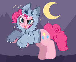 Size: 2732x2252 | Tagged: safe, artist:spookyfoxinc, imported from derpibooru, pinkie pie, earth pony, werewolf, wolf, clothes, costume, crescent moon, cute, diapinkes, female, halloween, halloween costume, holiday, hoodie, looking at you, mare, moon, night, open mouth, roar, solo