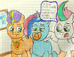 Size: 2882x2205 | Tagged: safe, artist:bitter sweetness, imported from derpibooru, sunny starscout, zipp storm, earth pony, pegasus, unicorn, abdl, adult foal, blue eyes, diaper, diaper fetish, fetish, g5, graph paper, green eyes, horn, misty brightdawn, my little pony: a new generation, my little pony: make your mark, my little pony: tell your tale, non-baby in diaper, open mouth, pacifier, spanish, spanish text, traditional art, translated in the description