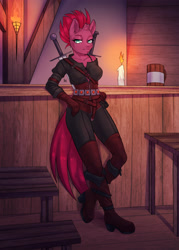 Size: 2598x3638 | Tagged: safe, artist:rensakai, imported from derpibooru, tempest shadow, anthro, unicorn, boots, clothes, shoes, sword, tavern, weapon, witcher