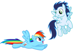Size: 1041x720 | Tagged: safe, imported from derpibooru, rainbow dash, soarin', pegasus, pony, female, flying, male, mare, ship:soarindash, shipping, simple background, stallion, straight, transparent background, vector