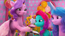 Size: 1920x1084 | Tagged: safe, imported from derpibooru, screencap, izzy moonbow, pipp petals, spoiler:g5, spoiler:my little pony: make your mark, spoiler:my little pony: make your mark chapter 5, spoiler:mymc05e05, animated, balloon, bottle, container, decoration, flying, g5, gif, happy, jazz has no ears, jazz hooves, mane smelody, my little pony: make your mark, my little pony: make your mark chapter 5, no ears, pink thistle, smelling, sniffing