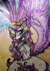 Size: 1078x1552 | Tagged: safe, artist:hysteriana, imported from derpibooru, princess cadance, alicorn, pony, semi-anthro, baroque, beautiful, bust, choker, clothes, crown, curly hair, curly mane, decoration, detailed, dress, feather, feathered wings, jewelry, magic, magic aura, makeup, old art, ornament, pattern, princess, regalia, rococo, royalty, spread wings, traditional art, wings