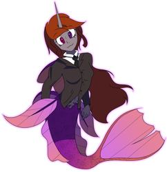 Size: 2631x2713 | Tagged: safe, alternate version, artist:bryony6210, imported from derpibooru, oc, oc only, oc:funny jo, human, mermaid, equestria girls, business suit, clothes, female, fins, fish tail, heterochromia, horn, mermaid tail, mermaidized, multicolored tail, necktie, scar, shading, side fins, simple background, slit pupils, smiling, solo, species swap, tail, transparent background