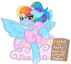 Size: 1280x1152 | Tagged: safe, artist:darkwatertopaz, imported from derpibooru, rainbow dash, pegasus, pony, alternate hairstyle, blushing, clothes, dress, female, floral print, frilly dress, lipstick, lost bet, mare, mouth hold, rainbow dash always dresses in style, rainbow dash is not amused, sign, simple background, solo, transparent background, unamused