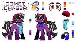 Size: 2048x1122 | Tagged: safe, artist:lrusu, imported from derpibooru, oc, oc only, oc:comet chaser, pony, unicorn, beanie, chest fluff, closed mouth, clothes, freckles, gradient legs, hat, headphones, horn, male, orange eyes, reference sheet, scarf, simple background, smiling, solo, standing, unicorn oc, white background