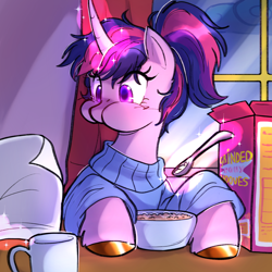 Size: 2000x2000 | Tagged: safe, artist:starsbursts, imported from derpibooru, twilight sparkle, alicorn, pony, alternate hairstyle, aweeg*, bowl, cereal, cereal box, clothes, curved horn, cute, eating, female, food, glowing, glowing horn, grinded pony hooves, horn, magic, mare, paper, ponytail, solo, spoon, sweater, twiabetes, twilight sparkle (alicorn), unshorn fetlocks