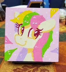 Size: 2736x2984 | Tagged: safe, artist:dandy, imported from derpibooru, oc, oc only, oc:worm on a string, earth pony, pony, acrylic painting, bust, commission, earth pony oc, female, floppy ears, looking at you, mare, portrait, smiling, solo, toy, traditional art, worms