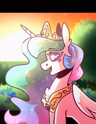 Size: 1590x2048 | Tagged: safe, artist:lrusu, imported from derpibooru, princess celestia, alicorn, pony, blush sticker, blushing, chest fluff, colored eyelashes, crown, ear fluff, ethereal mane, female, folded wings, jewelry, looking at you, mare, peytral, regalia, solo, sparkly mane, tiara, wings