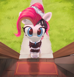 Size: 2000x2094 | Tagged: safe, artist:vultraz, pinkie pie, earth pony, pony, bow, clothes, doorway, female, hair bow, looking at you, maid, mare, pinktober, solo