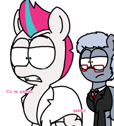 Size: 3023x3351 | Tagged: safe, artist:professorventurer, imported from derpibooru, zipp storm, oc, oc:daniel strauss, earth pony, pegasus, series:ask pippamena, clothes, crying, female, g5, glasses, lab coat, male, mare, necktie, stallion, suit, teary eyes