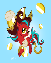 Size: 1638x2048 | Tagged: safe, artist:brdte, imported from derpibooru, oc, oc only, oc:samantha, pegasus, pony, amputee, coin, female, gradient background, hat, hook, looking at you, mare, non-mlp oc, open mouth, open smile, peg leg, pirate, pirate hat, ponified, prosthetic leg, prosthetic limb, prosthetics, signature, smiling, smiling at you, solo