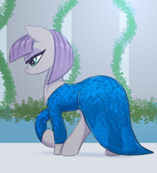 Size: 2250x2480 | Tagged: safe, artist:t72b, imported from derpibooru, maud pie, earth pony, pony, blushing, clothes, dress, female, gala dress, mare, plant, solo, walking