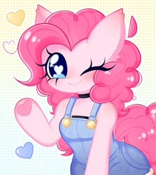 Size: 2232x2504 | Tagged: safe, artist:arwencuack, imported from derpibooru, pinkie pie, earth pony, pony, semi-anthro, blushing, clothes, cute, female, heart, heart eyes, hoof heart, one eye closed, solo, underhoof, wingding eyes, wink