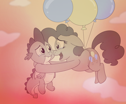 Size: 3500x2900 | Tagged: safe, artist:rupert, imported from derpibooru, pinkie pie, spike, dragon, earth pony, pony, series:spiketober: rupert style, balloon, cloud, crying, cute, diapinkes, duo, fangs, female, floating, floppy ears, holding, holding a dragon, male, monochrome, puppy dog eyes, shipping fuel, sky, smiling, spikabetes, spikelove, tears of joy, teary eyes, then watch her balloons lift her up to the sky, winged spike, wings