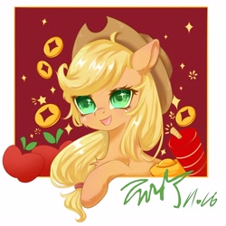 Size: 4093x4093 | Tagged: safe, artist:co306012, imported from derpibooru, applejack, earth pony, pony, bust, chinese new year, cute, jackabetes, smiling, solo