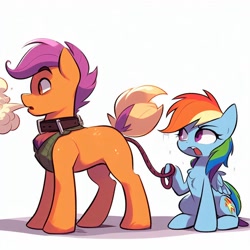 Size: 1024x1024 | Tagged: safe, imported from derpibooru, rainbow dash, scootaloo, dog, dog pony, original species, pegasus, pony, ai content, ai generated, clothes, collar, duo, female, generator:dall-e 3, implied anal insertion, implied insertion, leash, male, mare, prompter:nebbie, rule 63, scarf, simple background, smoke, white background, wingless