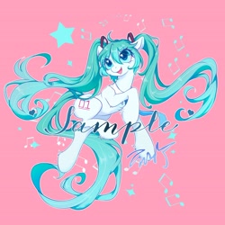 Size: 4093x4093 | Tagged: safe, artist:co306012, imported from derpibooru, earth pony, pony, anime, hatsune miku, pink background, simple background, smiling, solo, vocaloid