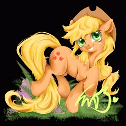 Size: 4093x4093 | Tagged: safe, artist:co306012, imported from derpibooru, applejack, earth pony, pony, black background, hat, simple background, smiling, solo