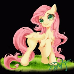 Size: 4093x4093 | Tagged: safe, artist:co306012, imported from derpibooru, fluttershy, pegasus, pony, black background, simple background, smiling, solo