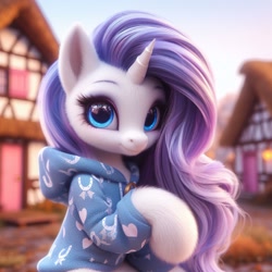 Size: 1024x1024 | Tagged: safe, imported from ponybooru, rarity, pony, unicorn, ai content, ai generated, bing, clothes, female, fluffy, hoodie, mare, ponyville, solo