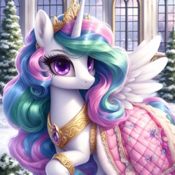 Size: 1024x1024 | Tagged: safe, imported from ponybooru, princess celestia, alicorn, pony, ai content, ai generated, bing, canterlot, clothes, female, jewelry, looking at you, mare, regalia, snow, solo, winter outfit