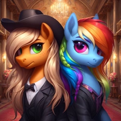 Size: 1024x1024 | Tagged: safe, imported from ponybooru, applejack, rainbow dash, earth pony, pegasus, pony, ai content, ai generated, anatomically incorrect, back to back, bing, braid, clothes, cowboy hat, duo, ear fluff, ears, female, hat, mare, palace, suit