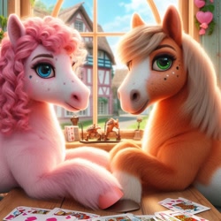 Size: 1024x1024 | Tagged: safe, imported from ponybooru, applejack, pinkie pie, earth pony, pony, ai content, ai generated, applepie, bing, coat markings, female, fluffy, heart, hoers, holding hooves, lesbian, mare, playing card, ponyville, semi-realistic, shipping, unshorn fetlocks, window