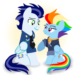 Size: 1400x1400 | Tagged: safe, artist:mlplary6, imported from derpibooru, rainbow dash, soarin', pegasus, pony, the last problem, bomber jacket, clothes, female, husband and wife, jacket, looking at each other, looking at someone, male, mare, older, older rainbow dash, older soarin', older soarindash, ship:soarindash, shipping, sitting, smiling, smiling at each other, stallion, straight