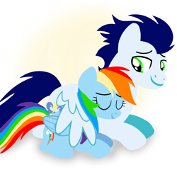 Size: 1400x1400 | Tagged: safe, artist:mlplary6, imported from derpibooru, rainbow dash, soarin', pegasus, pony, boyfriend and girlfriend, eyes closed, female, hug, lying down, male, mare, ship:soarindash, shipping, smiling, stallion, straight, winghug, wings