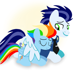 Size: 1400x1400 | Tagged: safe, artist:mlplary6, imported from derpibooru, rainbow dash, soarin', pegasus, pony, the last problem, bomber jacket, clothes, eyes closed, female, hug, husband and wife, jacket, lying down, male, mare, older, older rainbow dash, older soarin', older soarindash, ship:soarindash, shipping, smiling, stallion, straight, winghug, wings