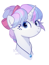 Size: 2250x3000 | Tagged: safe, artist:raineve, imported from derpibooru, oc, oc only, pony, unicorn, bow, hair bow, signature, simple background, solo, white background