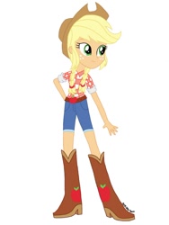 Size: 736x981 | Tagged: artist needed, safe, imported from derpibooru, applejack, equestria girls, belt, boots, clothes, cowboy boots, cowboy hat, hat, high heel boots, shirt, shoes, shorts, simple background, solo, white background