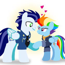 Size: 1400x1400 | Tagged: safe, artist:mlplary6, imported from derpibooru, rainbow dash, soarin', pegasus, pony, the last problem, bomber jacket, clothes, female, heart, husband and wife, jacket, looking at each other, looking at someone, love, male, mare, older, older rainbow dash, older soarin', older soarindash, ship:soarindash, shipping, smiling, smiling at each other, stallion, straight